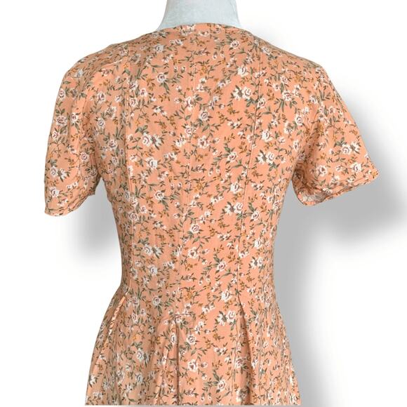 Vintage 90s Peach Floral Mini Dress Rayon Button Front Short Sleeve Scoopneck - Picture 9 of 11